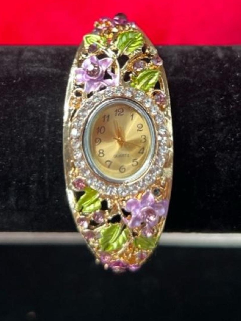 Floral Enamel Gold-Tone Women's Bangle Watch with Purple Accents